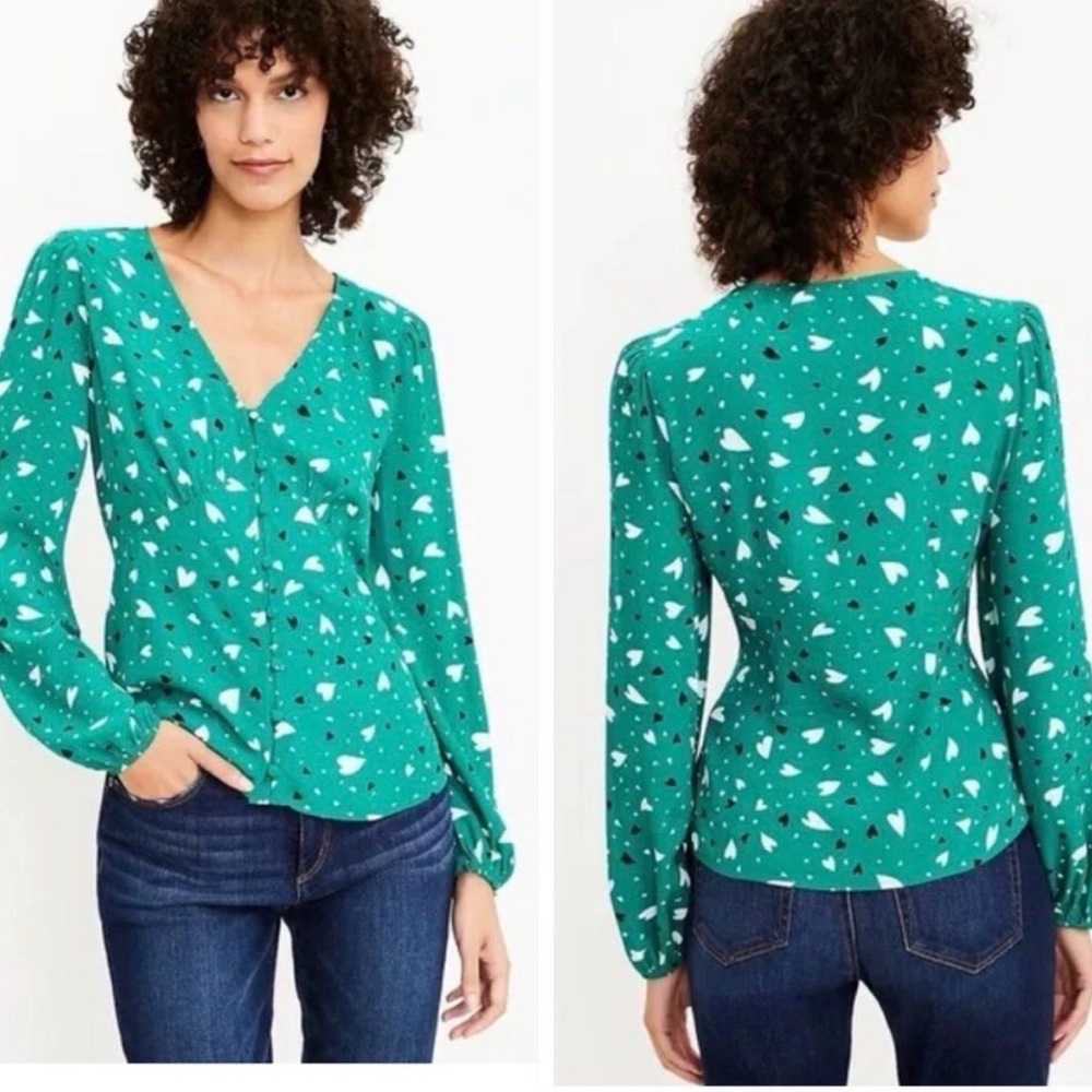 Loft 4 Green Floating Hearts Button Shirt